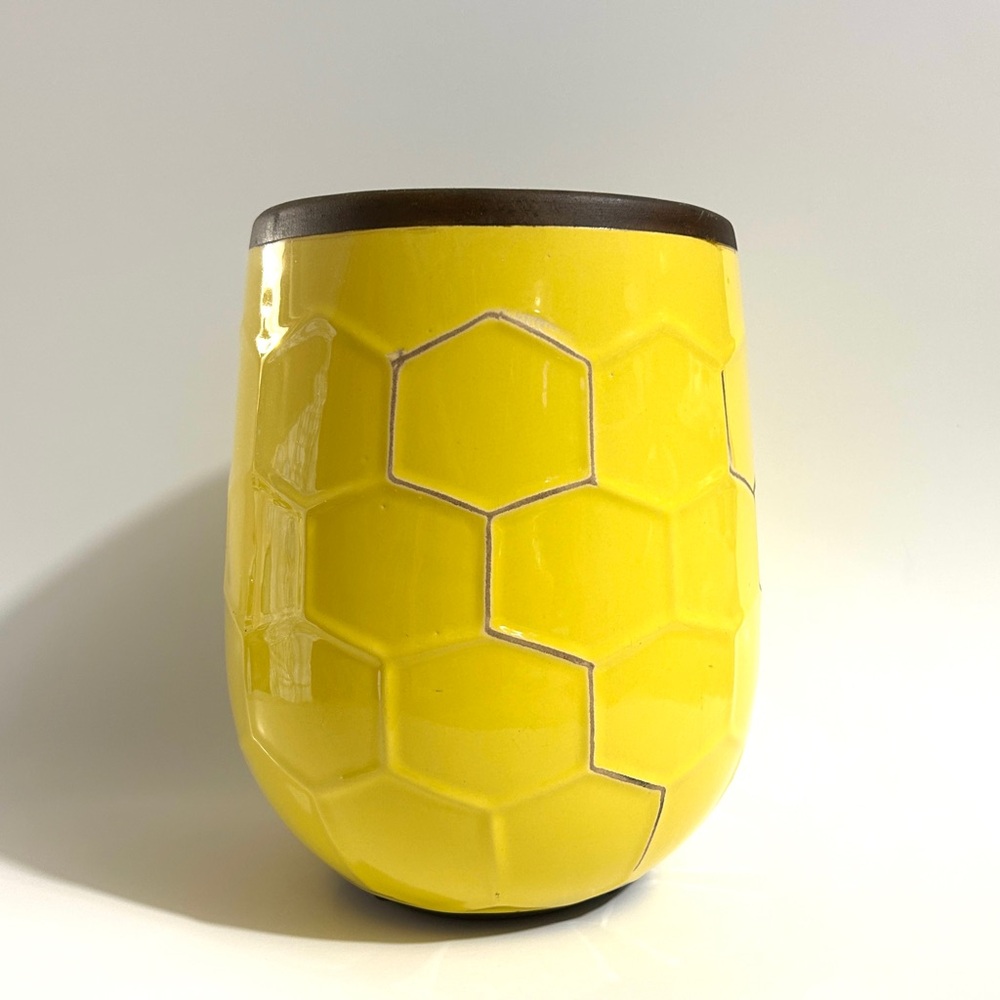 Farmhouse Yellow Pottery Vase / Planter with Embossed Shapes 8x5” - Picture 2 of 2